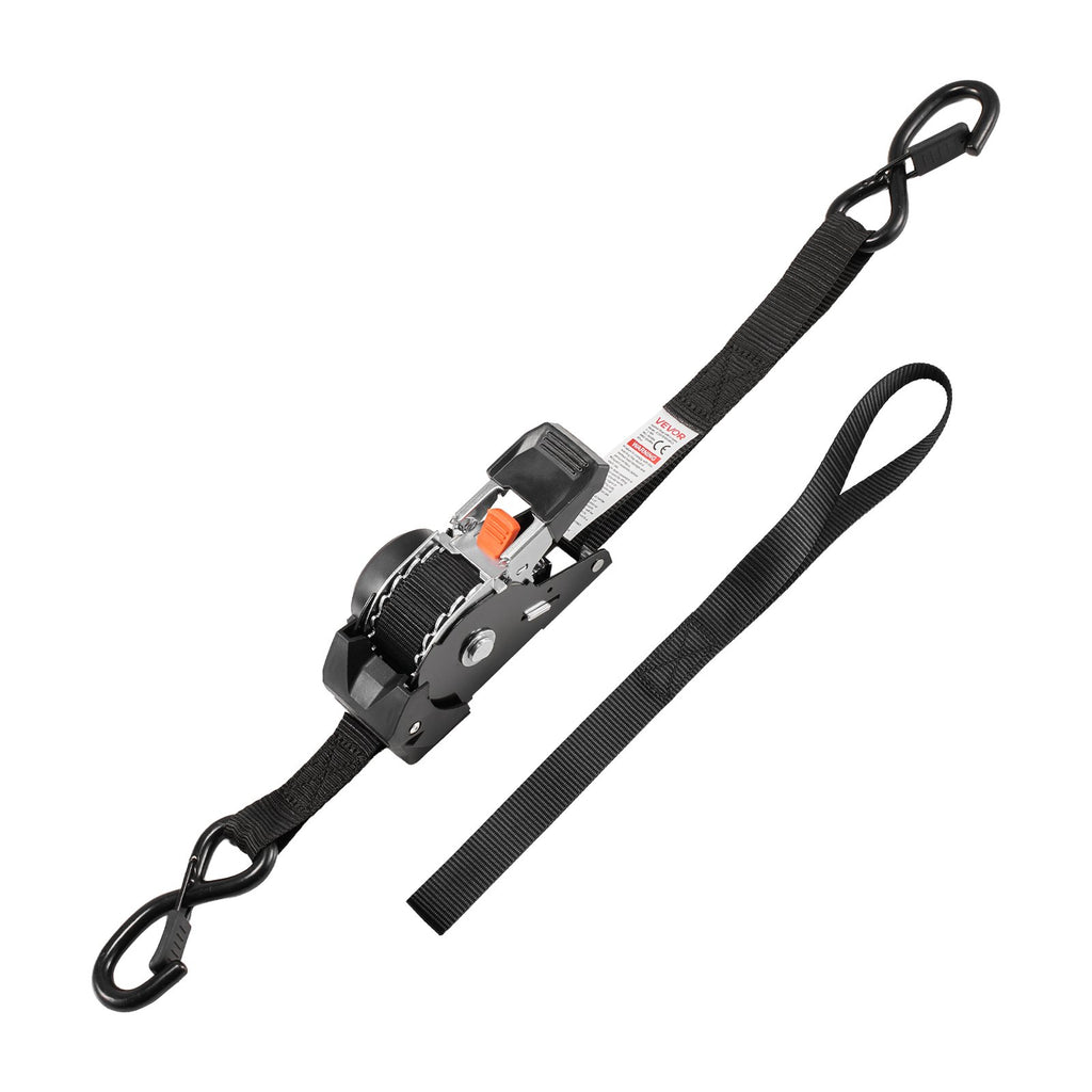Four black retractable ratchet tie-down straps, 1 inch by 10 feet, with soft loops and vinyl-coated S-hooks